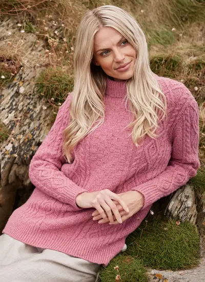 Grainne Wool Cashmere Turtle Neck Aran Sweater